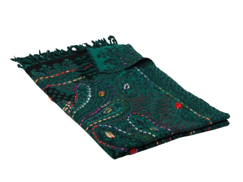 Šál z merino vlny s vyšívaním tmavozeleno-čierny