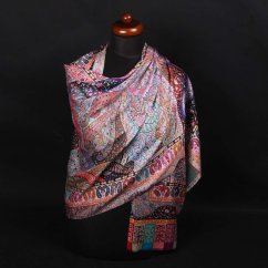 Šála z viskózy a hedvábí s potiskem mnohobarevná s růžovou