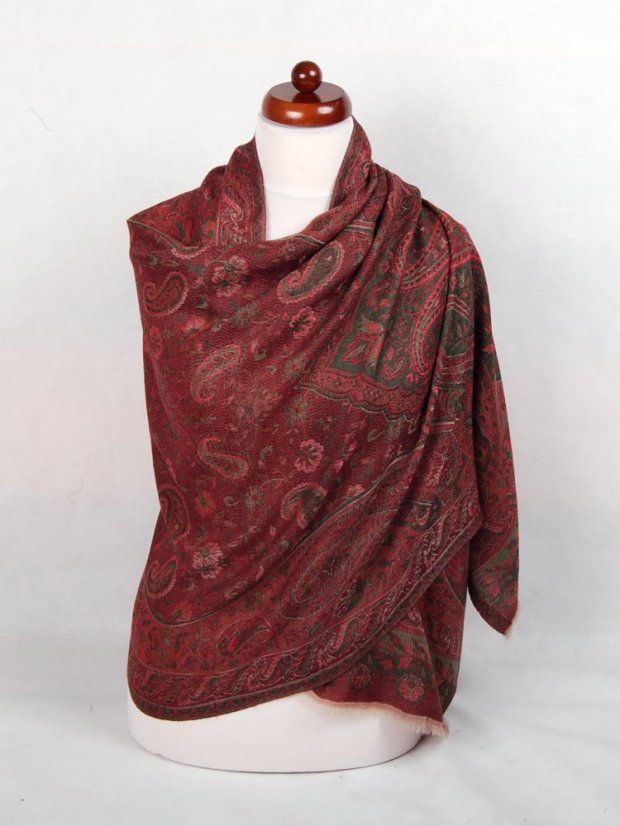 Kašmírská vlněná pašmína Khani Jamavar exclusive červeno-šedohnědá