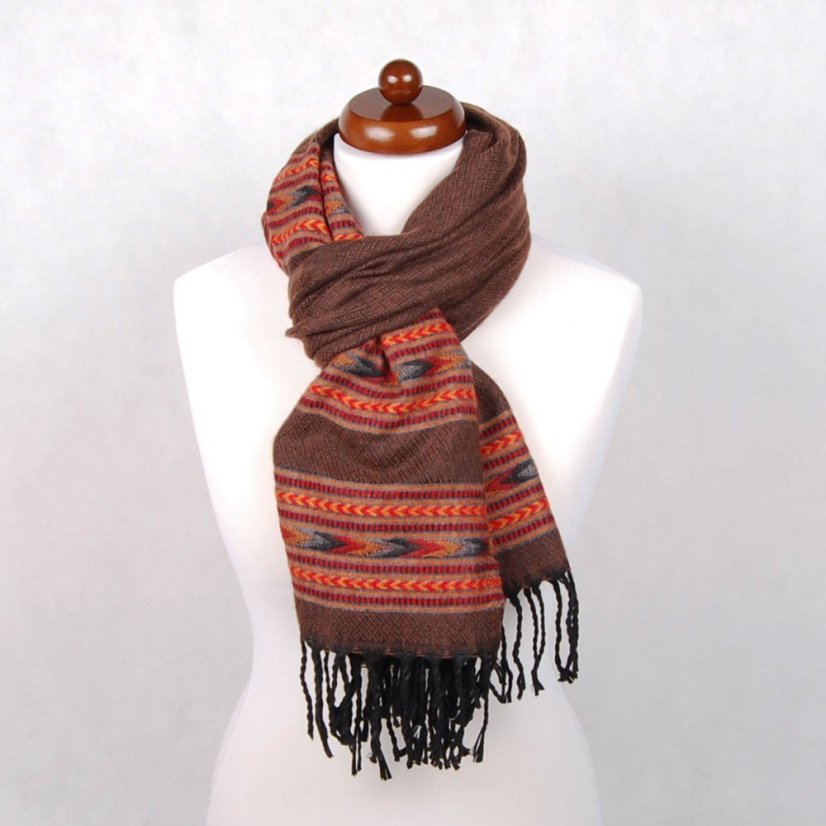 Šál z viskózy a akrylu hnedý s červenou