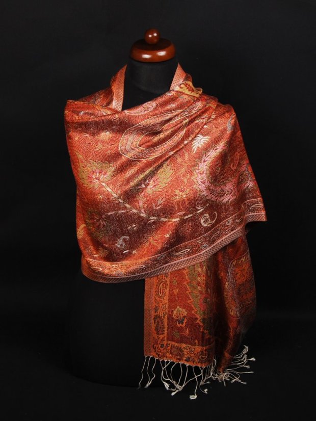 Seidenschal Super mittelgroß cremefarben mit Rot