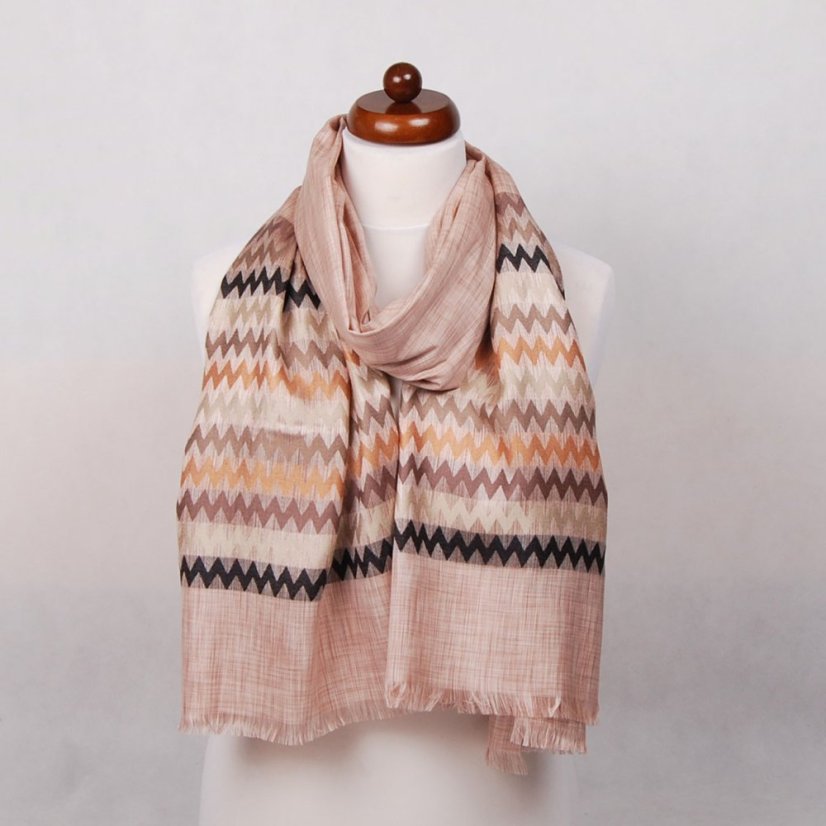 Šála z viskózy a hedvábí s pruhy světle hnědá s tmavě zlatou a světle béžovou