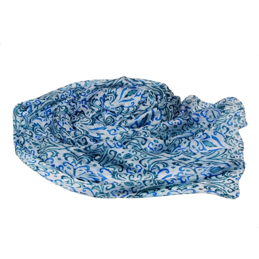 Großer Seidenschal mit Ziermuster weiß mit Teal und Blau