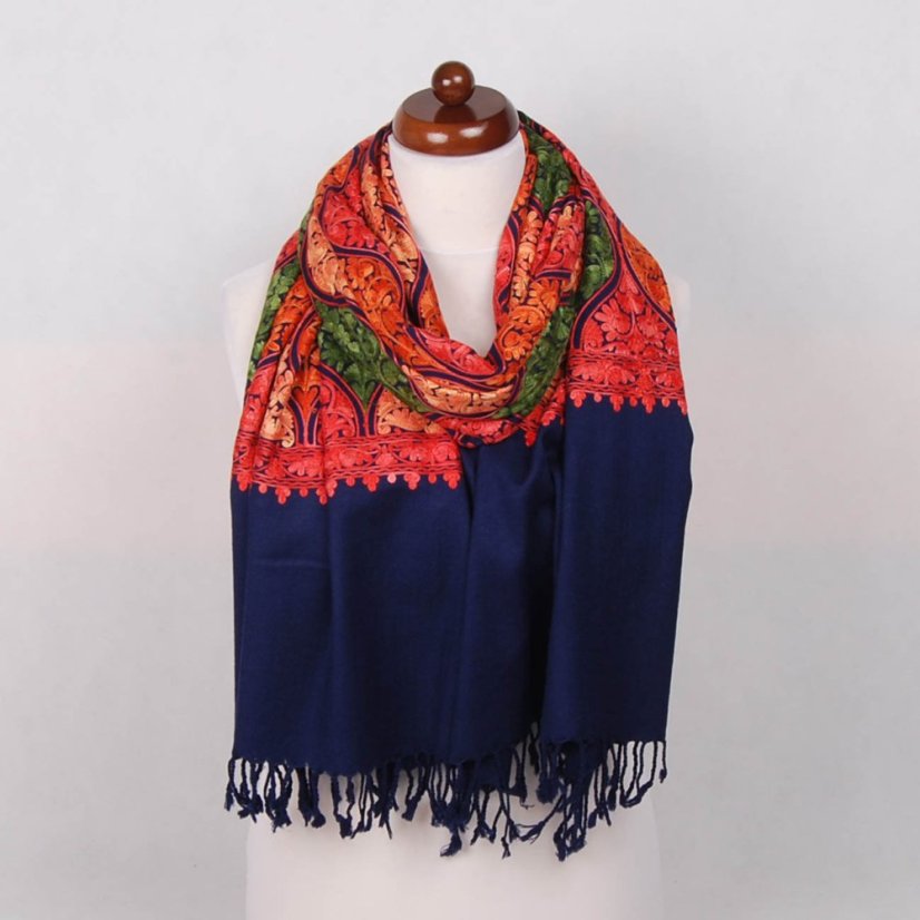 Kaschmir-Wollschal Jate M dunkelblau mit Hellrot