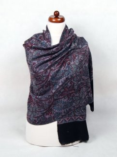 Kašmírská vlněná pašmína Khani Jamavar exclusive s šedou, tmavě červenou a černou