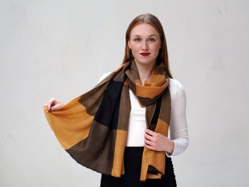 Kaschmirische Pashmina exklusiv kariert goldfarben-schwarz