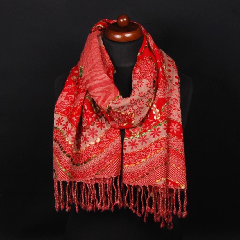 Schal aus Merinowolle handgestickt Ornament rot-beige