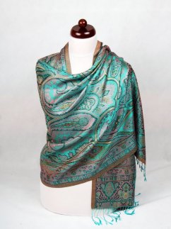 Hodvábny šál Super veľký tyrkysovozelený s ružovou čiernou farbou