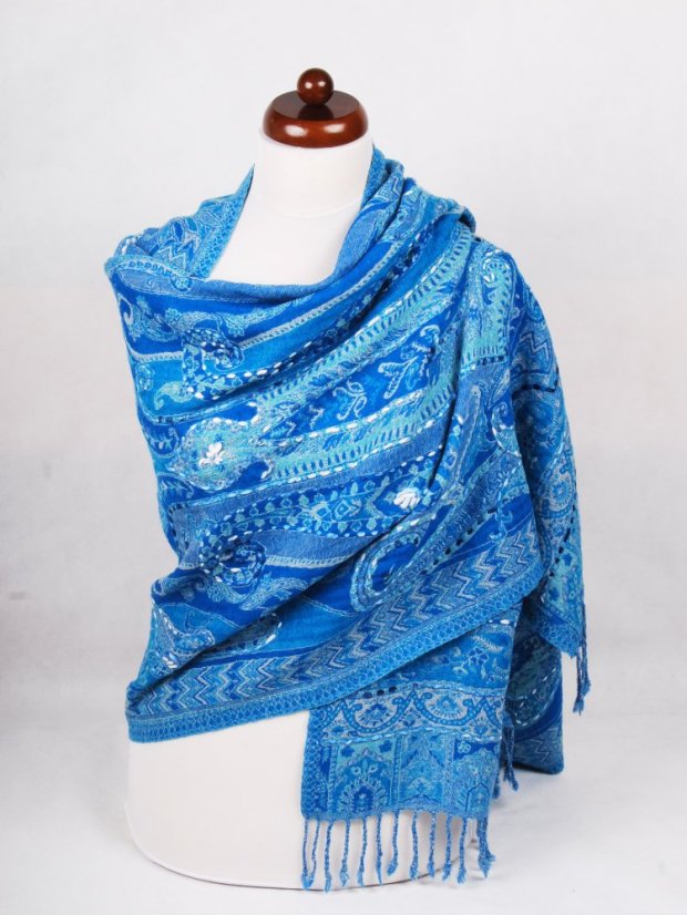 Šál z merino vlny s vyšívaním tyrkysovo-modrý