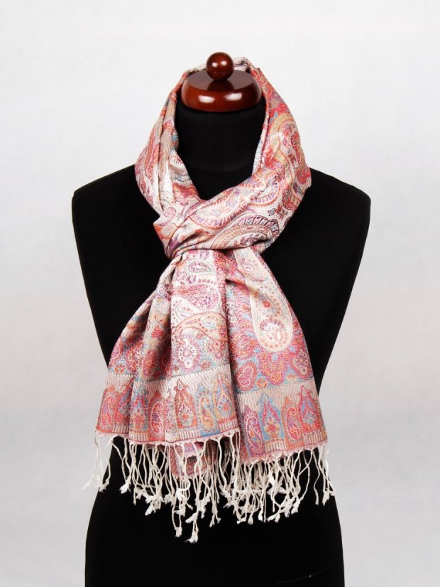 Seidenschal Super groß cremefarben mit Rot und Blau