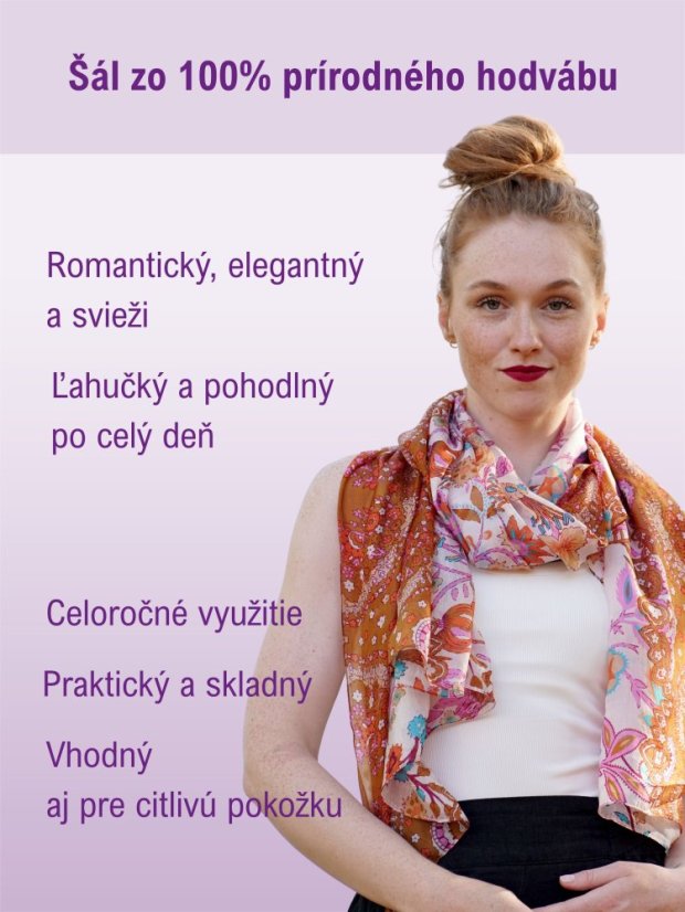 Veľký hodvábny šál s kvetinovým vzorom biely s hnedou a fialovou