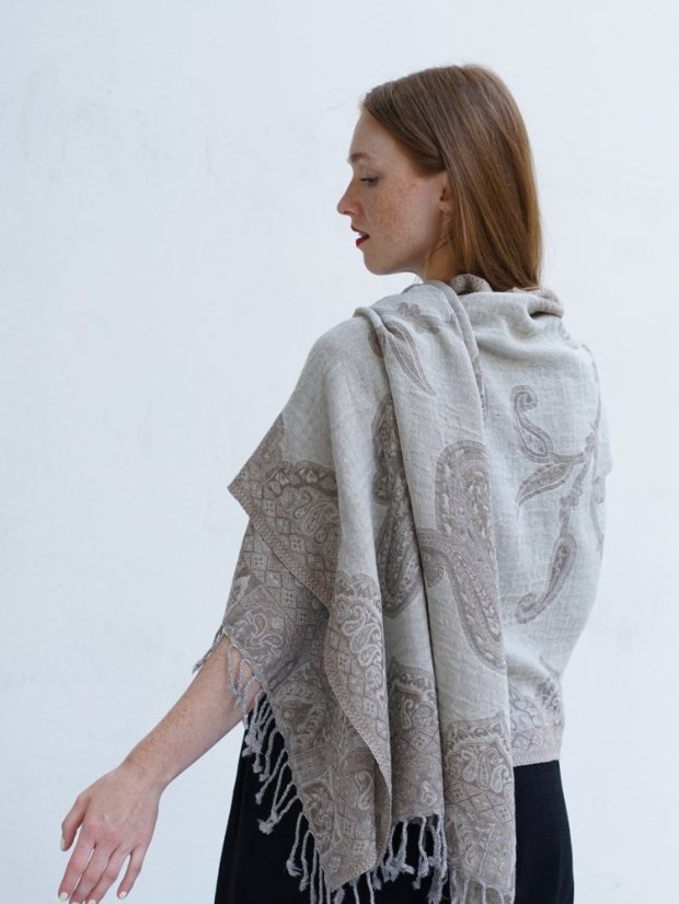 Schal aus Merinowolle cremefarben mit Graubraun