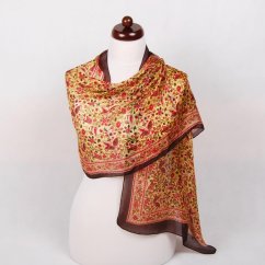 Seidenschal mit Aufdruck gelb mit Rot und Dunkelbraun