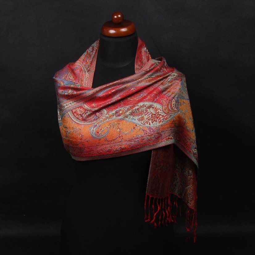 Seidenschal Super Dekyi rot mit Türkis