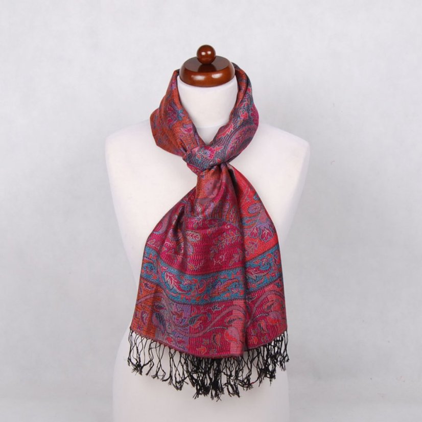 Šála z viskózy a hedvábí Kalsang černá s magentou a oranžovou