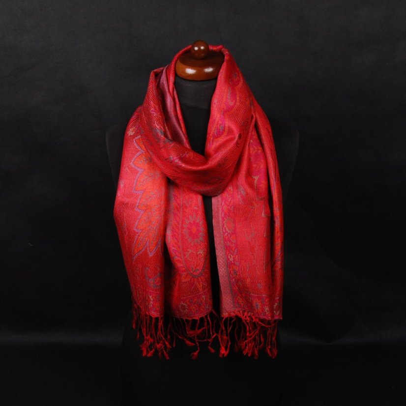 Hodvábny šál Super stredný Tsering červený s magentou a tmavozelenou farbou