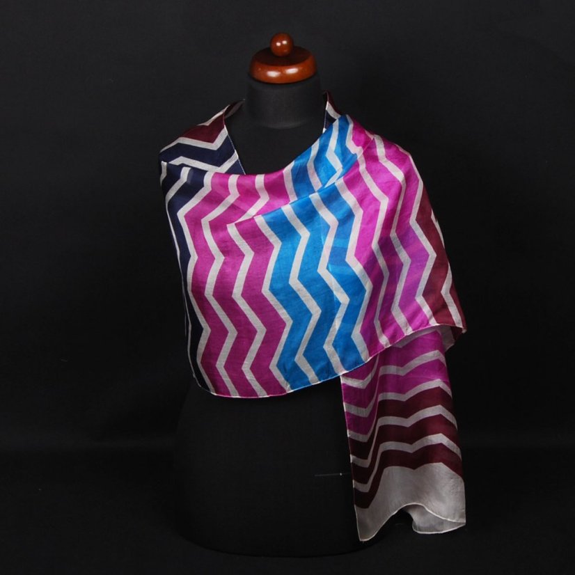 Hedvábná šála s potiskem s fialově růžovou a bordó