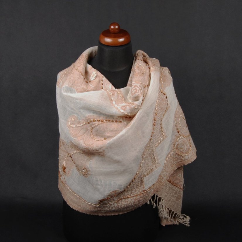 Šála z merino vlny s vyšíváním Kalsang světle hnědo-smetanová