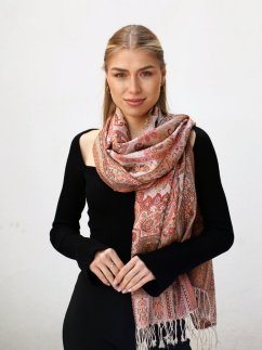 Hedvábná šála Super velká smetanová s červenou