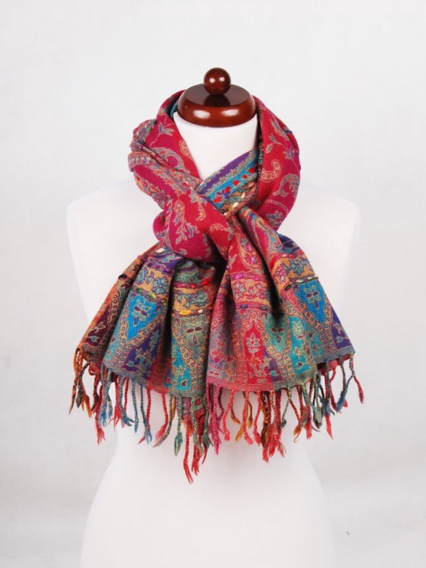 Šála z merino vlny s vyšíváním mnohobarevná s magentou