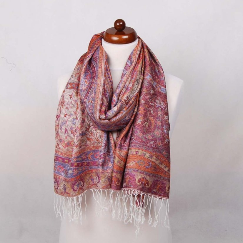 Schal aus Viskose und Seide weiß mit Rot und Dunkelblau