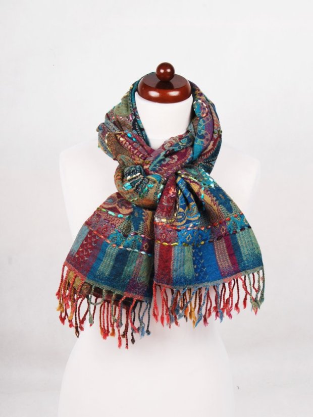 Šál z merino vlny s vyšívaním mnohofarebný s tyrkysovou farbou