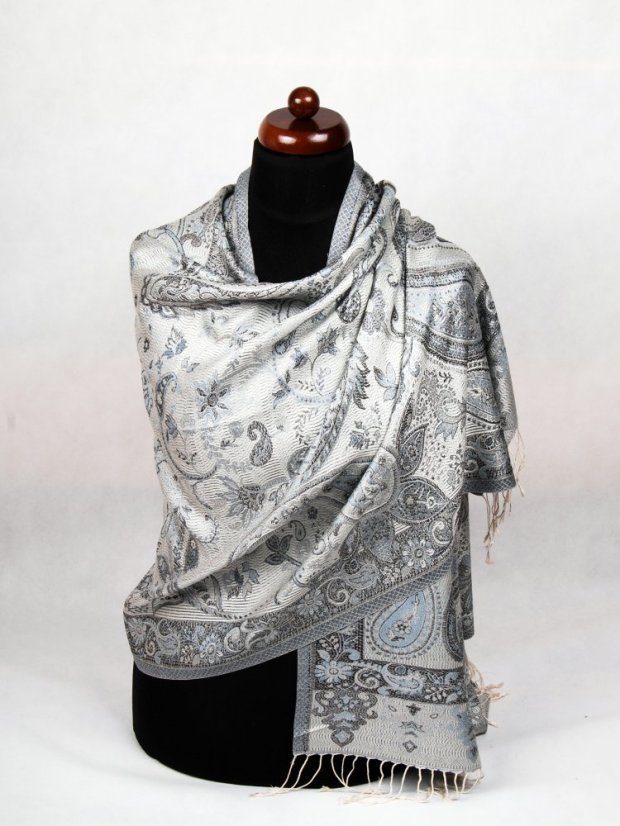 Hodvábny šál Super veľký smotanovo-modrošedý