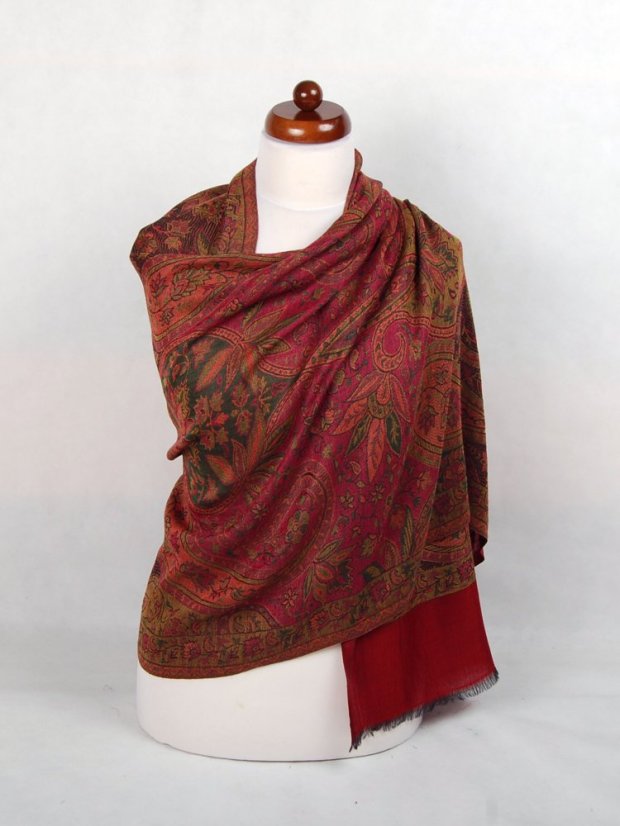 Kašmírská vlněná pašmína Khani Jamavar exclusive s bordó a magentou