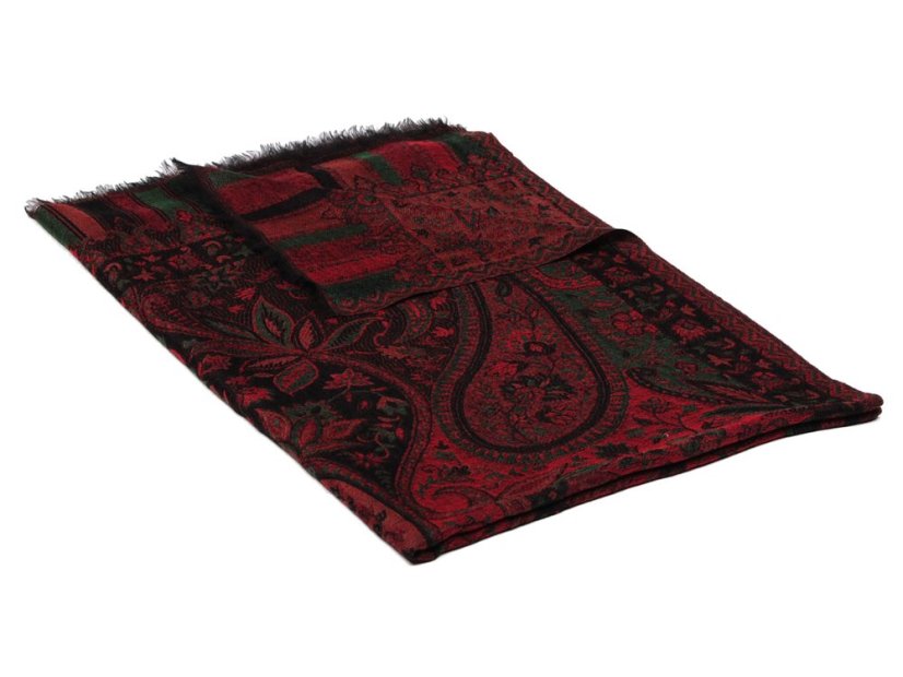 Kašmírská vlněná pašmína Khani Jamavar exclusive černo-červená s  tmavě zelenou