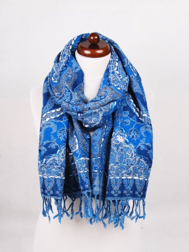 Šál z merino vlny s vyšívaním modrý