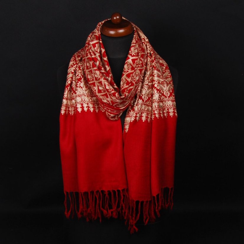 Kaschmirischer Wollschal Jamawar dunkelrot mit Seide-Stickerei in Goldfarbe