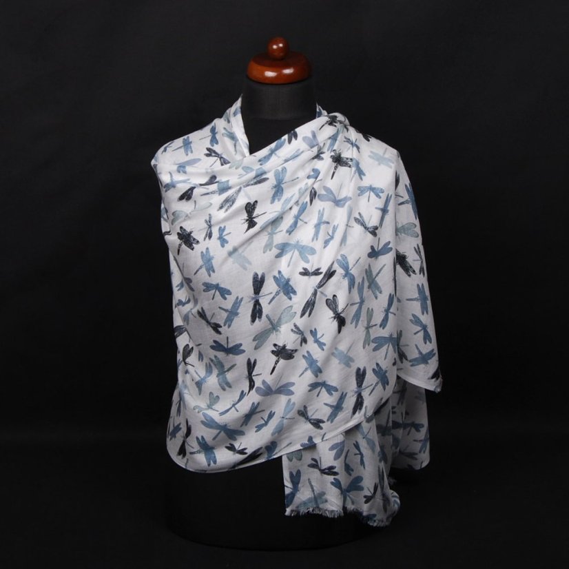 Schal aus Viskose dünn weiß mit Graublau