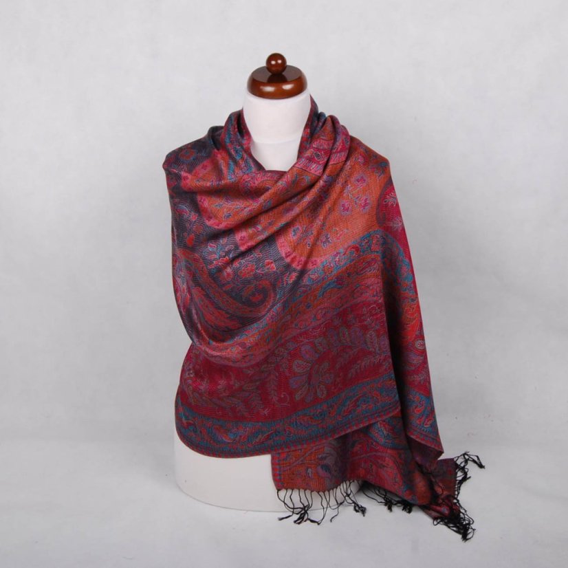 Šála z viskózy a hedvábí Kalsang černá s magentou a oranžovou