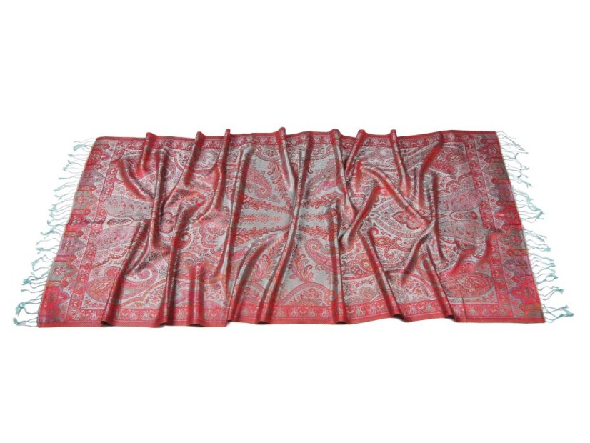 Hedvábná šála Super velká světle modrá s magentou a oranžovou