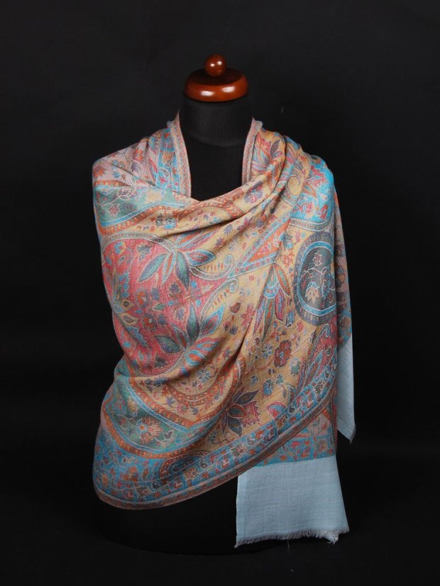 Kašmírska vlnená pašmína Khani Jamavar exclusive Kalsang so svetlomodrou a tyrkysovou farbou