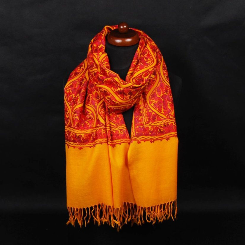 Kaschmirischer Wollschal Jate M dunkelgelb mit Bordeaux