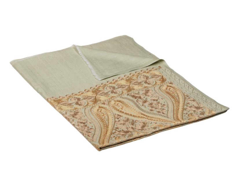 Kašmírsky vlnený šál vyšívaný hodvábom svetlozelený s béžovou a zlatou farbou