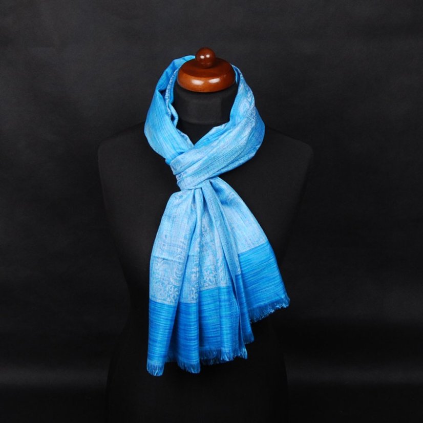 Schal aus Viskose und Seide mit Ornamenten Drolma hellblau mit Weiß