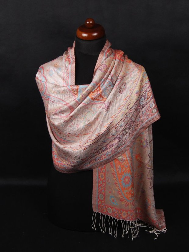 Hodvábny šál Super stredný Tsering smotanový s červenou a svetlomodrou farbou