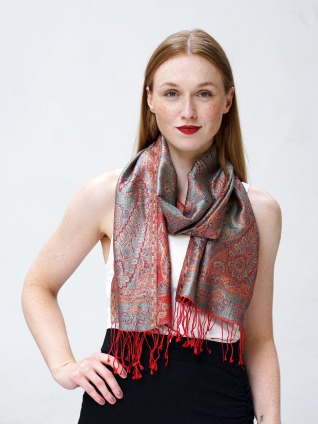 Hedvábná šála Super Tenzin červená s tyrkysovou