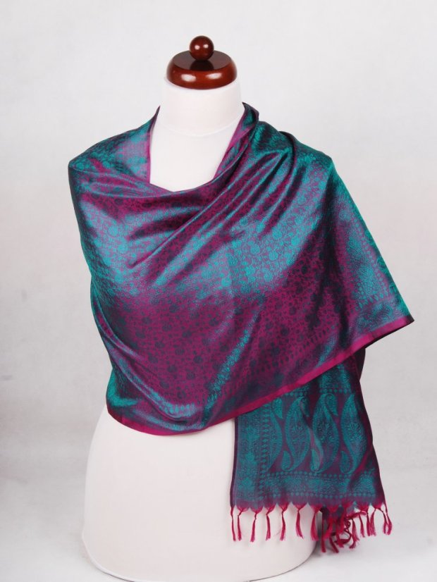 Seidenschal aus Varanasi in Magenta mit Dunkelgrün