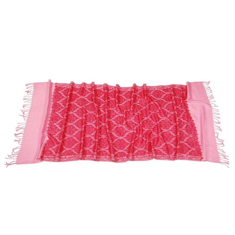 Kašmírsky vlnený šál Jate M ružový s tmavoružovou výšivkou