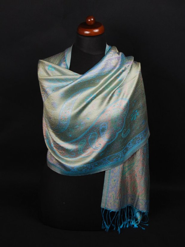 Hedvábná šála Super střední tyrkysová se žlutou a růžovou