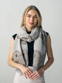 Šála z merino vlny s vyšíváním smetanovo-šedohnědá