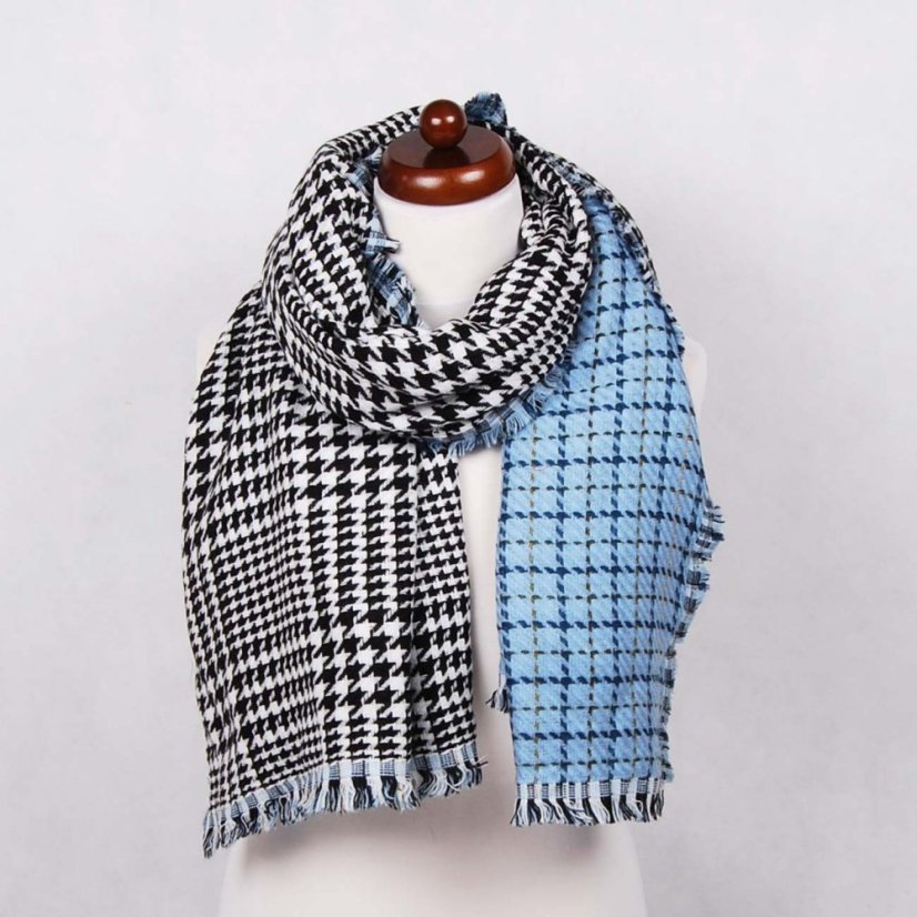 Šál z viskózy a akrylu obojstranný čierno-biely so svetlomodrou farbou