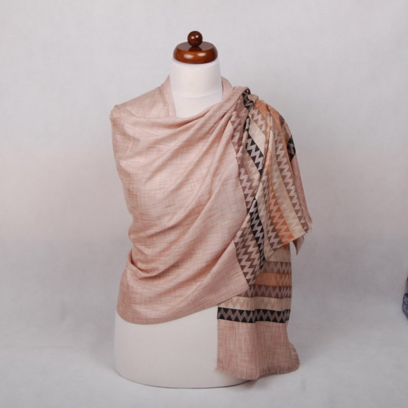 Šála z viskózy a hedvábí s pruhy světle hnědá s tmavě zlatou a světle béžovou