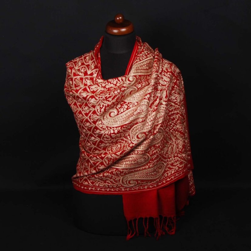 Kaschmirischer Wollschal Jamawar dunkelrot mit Seide-Stickerei in Goldfarbe