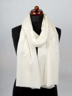 Kaschmirische Pashmina Norbu cremefarben mit Seide-Stickerei in Weiß