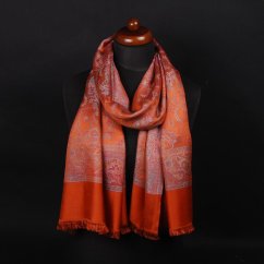 Šála z viskózy a hedvábí Khani Jamavar měděná se světle modrou a magentou