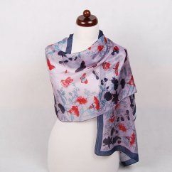 Hodvábny šál s potlačou s motýlikmi svetlošedofialový